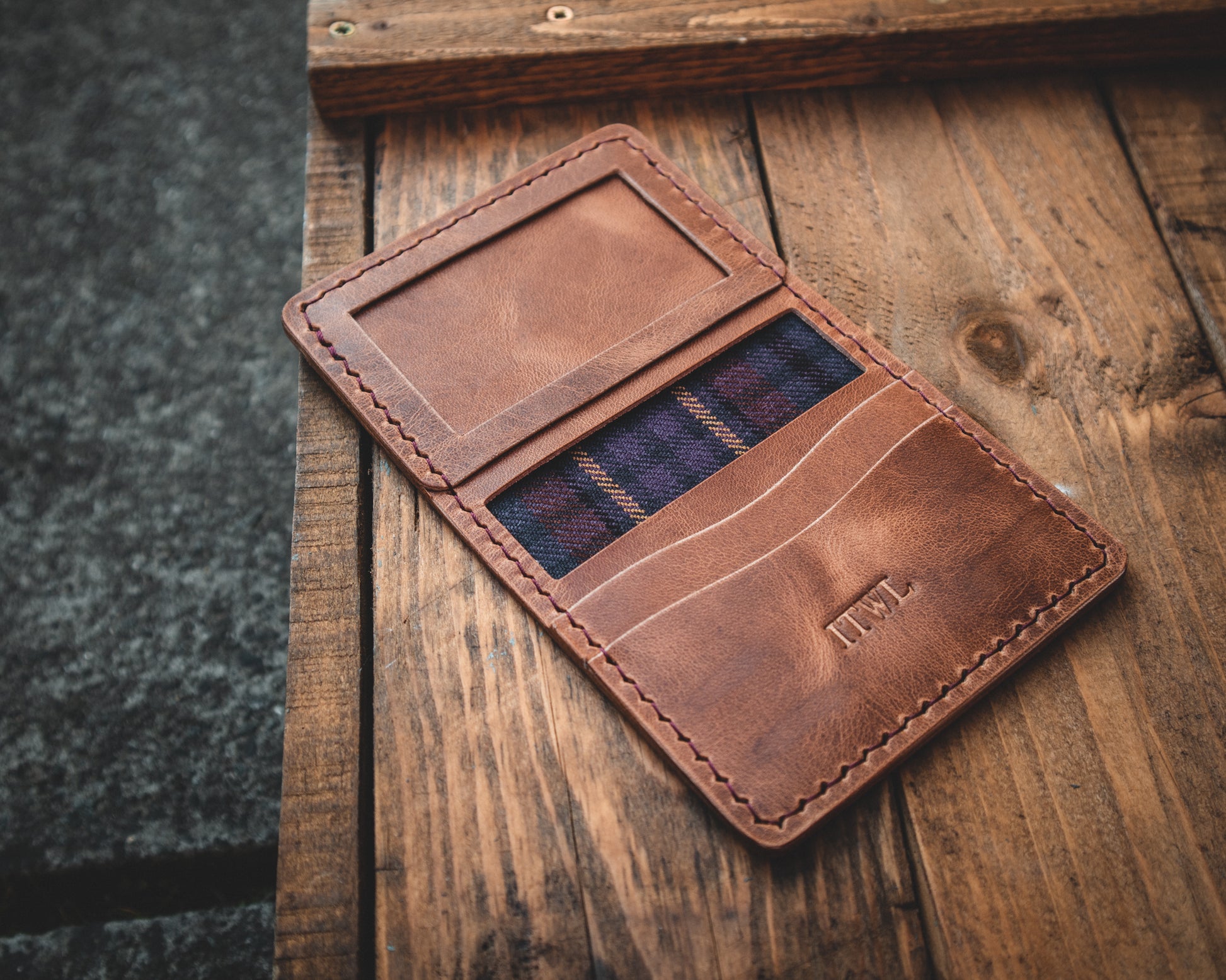 Handmade Men's Tartan Lined Italian Leather Wallet - Personalised | Hebridean Heather / ID Slot | Handcrafted in Scotland by Orraman Leather